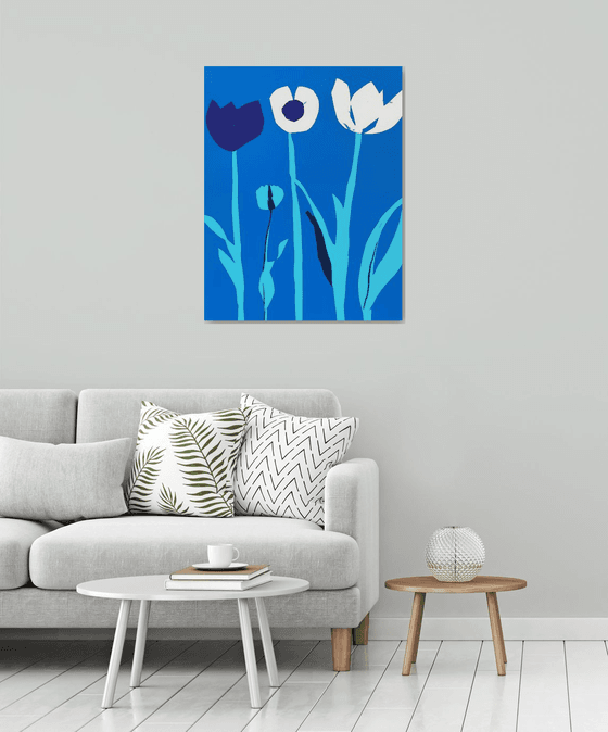 Blue Risograph of White Tulips