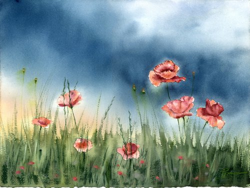Poppies Landscape - Original Watercolor by Olga Shefranov (Tchefranov)