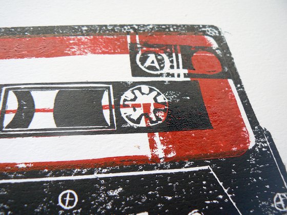 Linocut tapes #2 (cassette tapes, retro music, 70's, 80's rock culture)