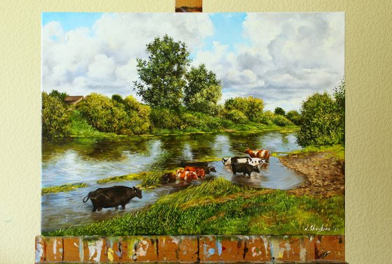 Cattle watering in a river, Pastoral Scene