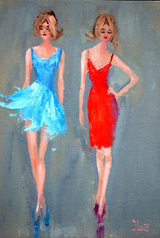 Funny fashionistas in blue and red Miniature
