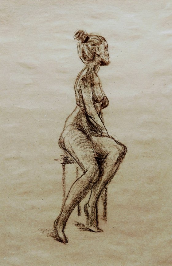 Nude. Sketch. Original pastel drawing on beige paper
