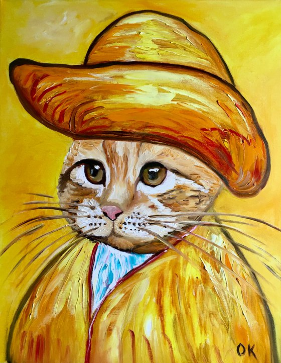 Cat in a straw hat with green eyes La Vincent Van Gogh inspired by self-portrait