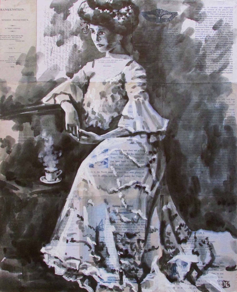 Illustrative Portrait Painting By Kateryna Bortsova, 23 X 28", English Tea, Original Artwork