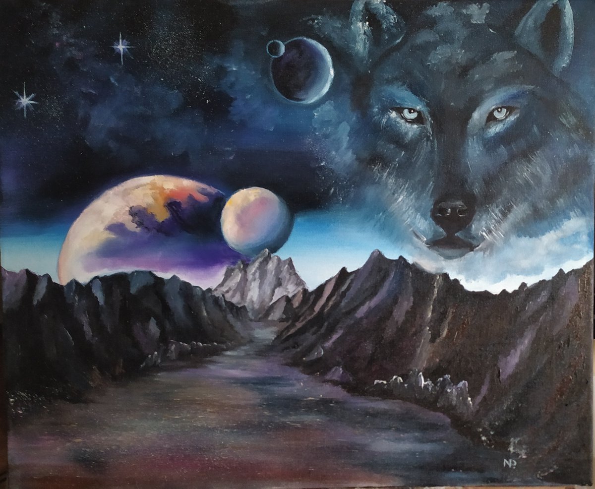 Surrealistic Landscape Oil Painting By Nataliia Plakhotnyk, 24 X 20", Sky Wolf, Original Artwork