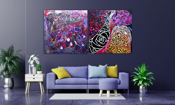 2 pieces 200х100 cm Abstract paintings large wall art black burgundy lilac relief diptych