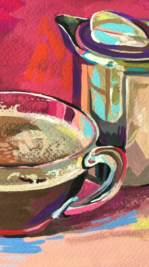 Cup of coffee and metal coffee pot by Ole Karako