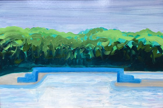 swimming poolscape with blue bridge