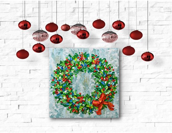 Christmas Wreath - Acrylic Palette Knife Painting, Holiday Décor