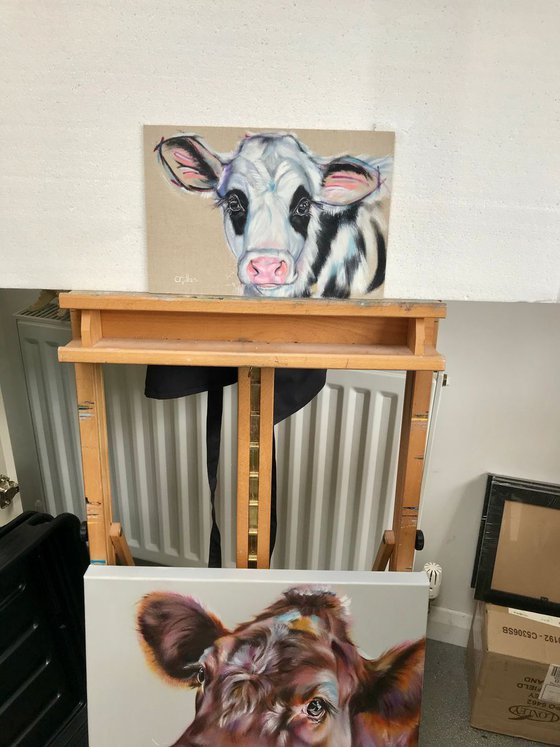Semaphore, Cow Black and White Original Oil Painting on Linen Board Semaphore 12x8"