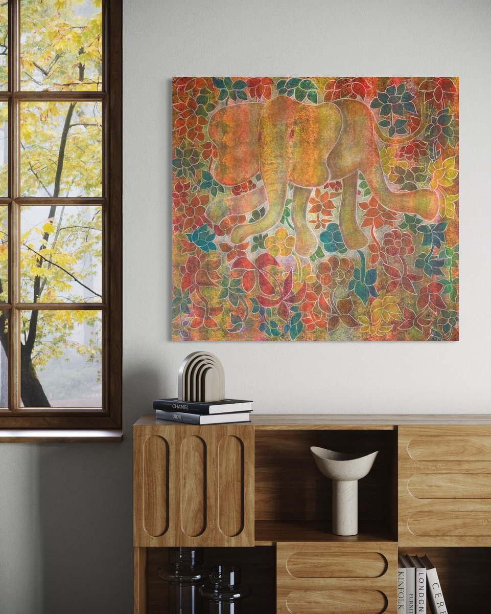 Animal Acrylic Painting By Maarit Korhonen, 39 X 36", Elephant On Meadow, Original Artwork