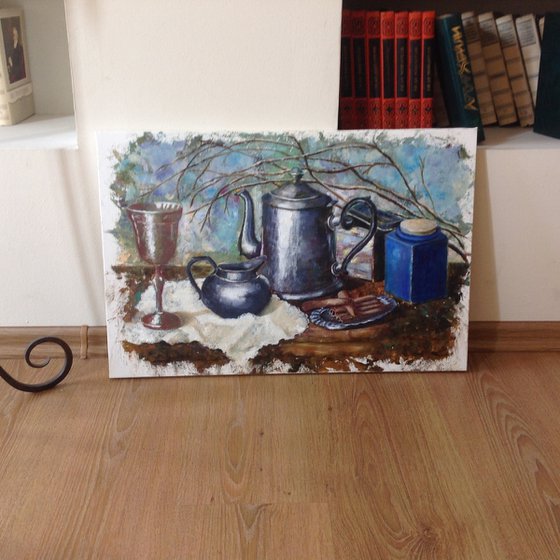 Blue Jar and Silver Service