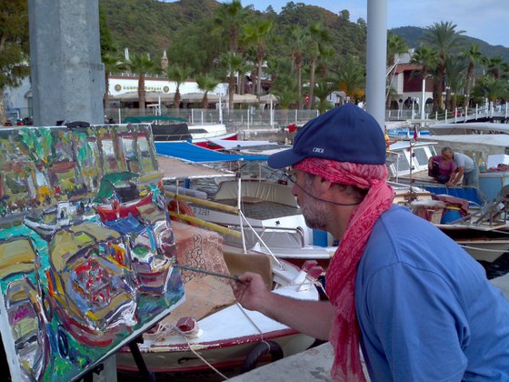 TURKEY. MARMARIS BOATS - Marina landscape, original oil painting for sale,  boat, beach, vacations, seashore, water, sea, yachting