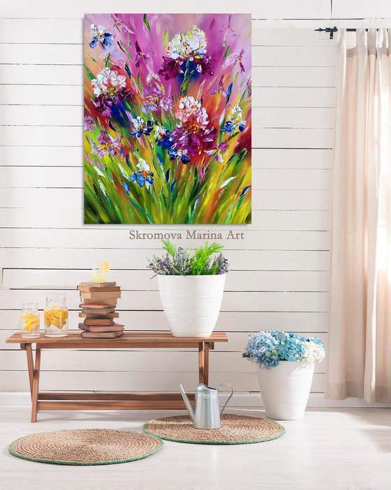 FIELDS OF BRIGHTNESS - Irises. Bright landscape. Rainbow flower. Juicy colors. Flower meadow. Summer warmth. Good mood. 3d.