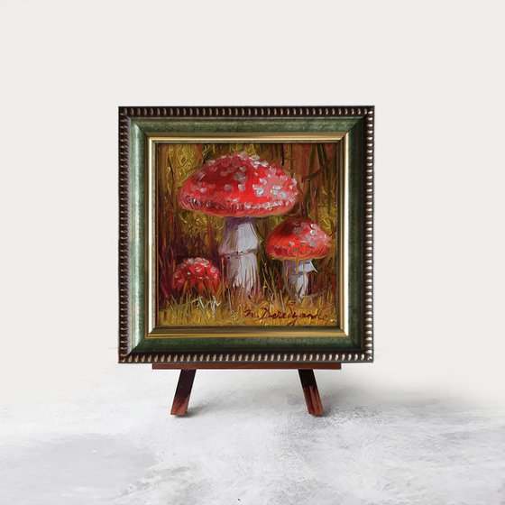 Mushrooms red painting original oil small framed art Fly agaric artwork