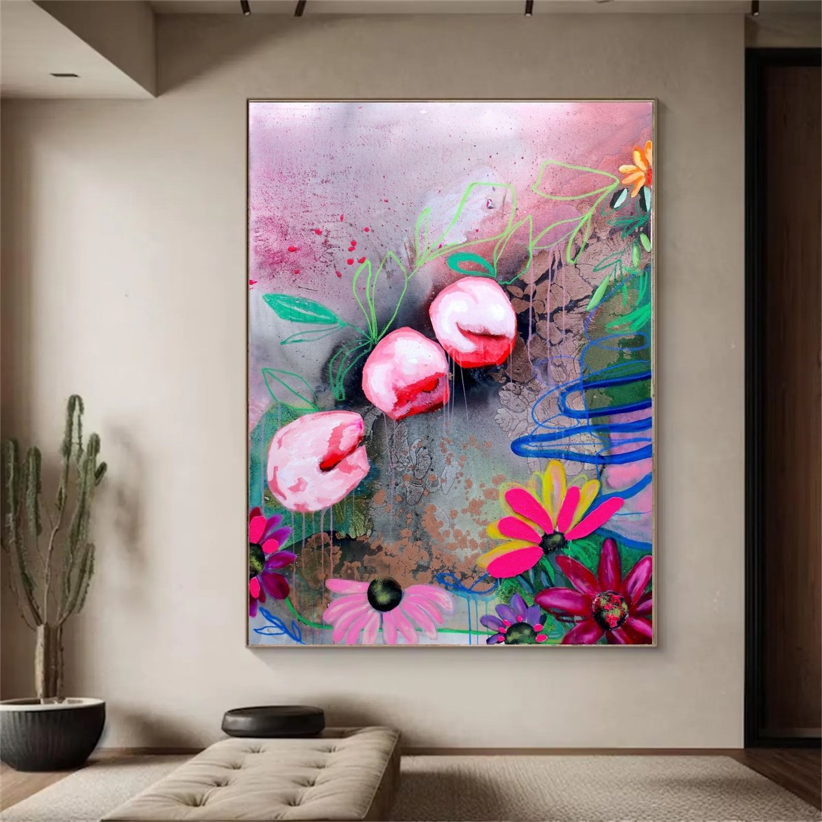 Impressionistic Botanical Painting By Poovi Art, 36 X 48", Eclipse Of Grace, Original Artwork