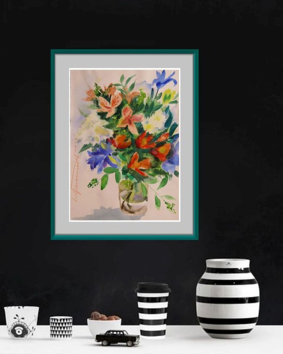 Motley Flowers in Glass Vase Watercolor Painting Floral Art