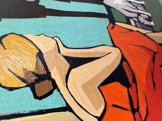 Woman and Dog Colorful Small Painting