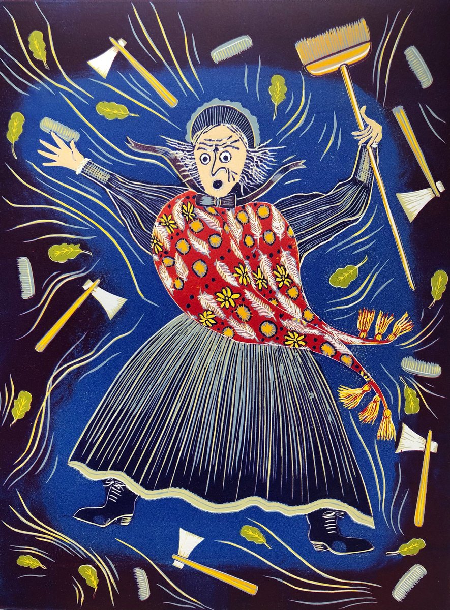 Illustrative Portrait Linocut By Marian Carter, 15 X 20", Furious, Original Artwork