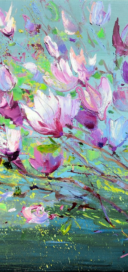 Magnolia on green blue 70x80 by Helen Shukina