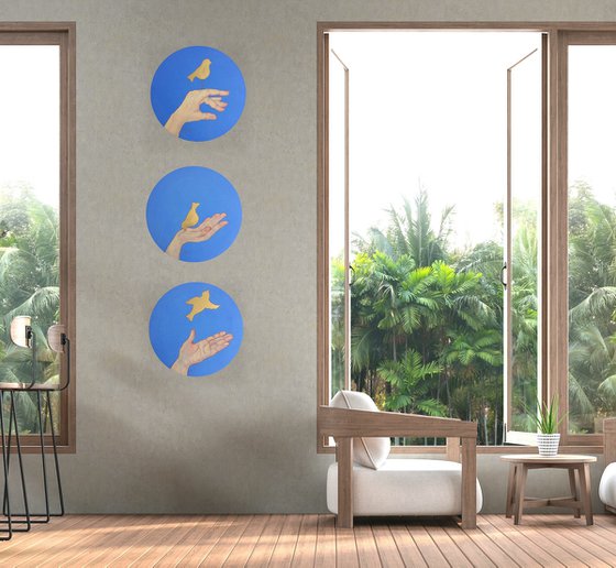 Triptych original mixed media paintings- Hands and birds - Set of 3 round canvas for living room (2021)