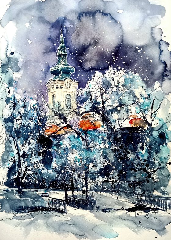 Serbian church at snowfall