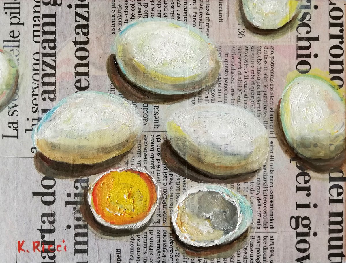 Eggs on Newspaper Original Painting Food Art 8 by 6 (20x15 cm) by Katia Ricci