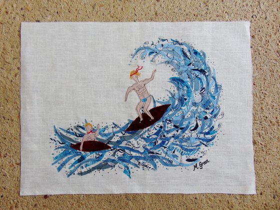 "Surfing Dudes" - textile collage