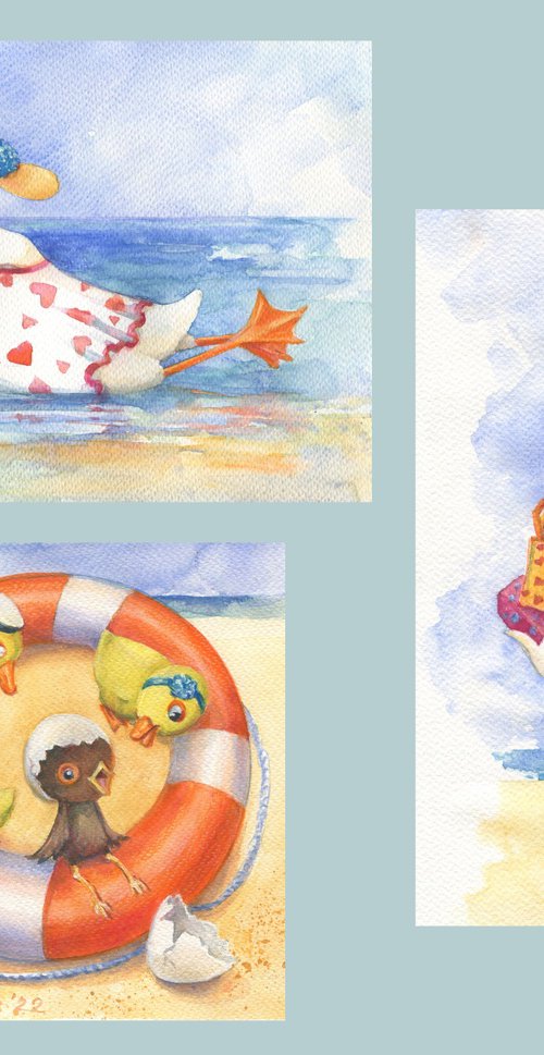 In a Port City (Set) / ORIGINAL watercolor Sea illustration Funny goose, duck, chicken Bright pictures by Olha Malko
