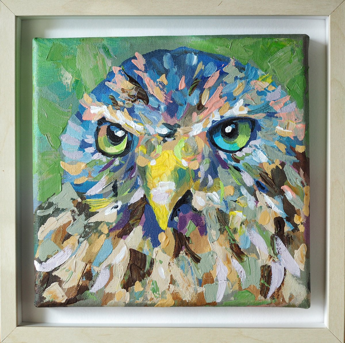 Expressive Animal Acrylic Painting By Delnara El, 10 X 10, Owl, Original Artwork