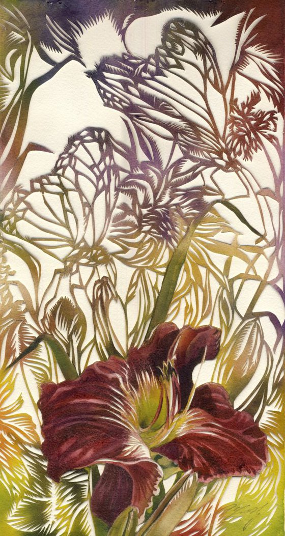 red daylily with butterfly watercolor with paper cut
