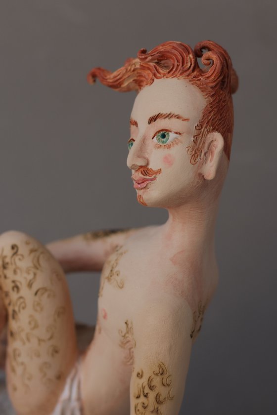 Charming Gentlemen with red mustache. Ceramic sculpture