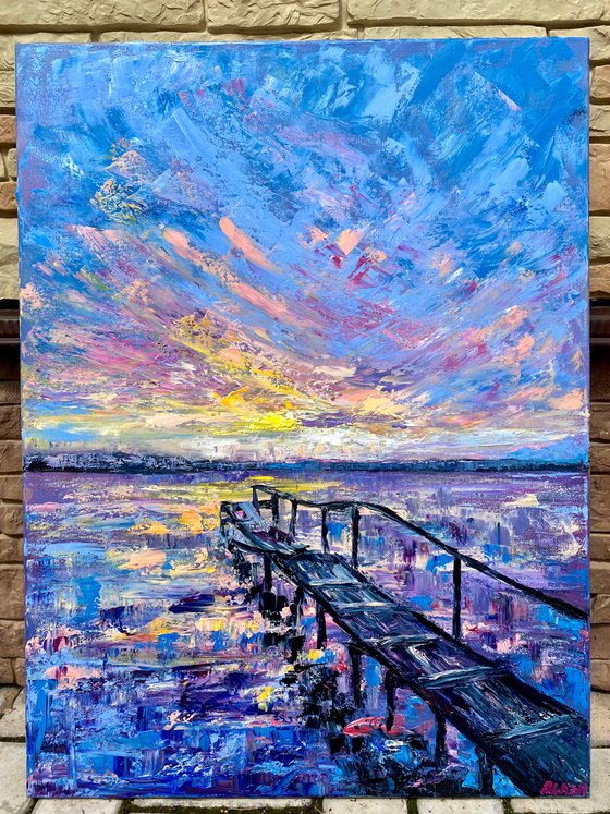 Sunset - Purple splash, 60*80cm, impressionistic landscape oil painting in purple, blue and pink