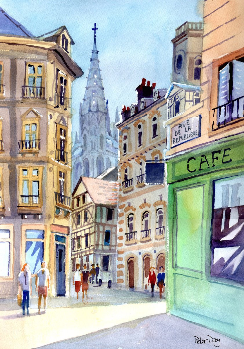 Impressionistic Cityscapes Watercolour By Peter Day, 13 X 17", Rouen, Eglise St Maclou, Original Artwork