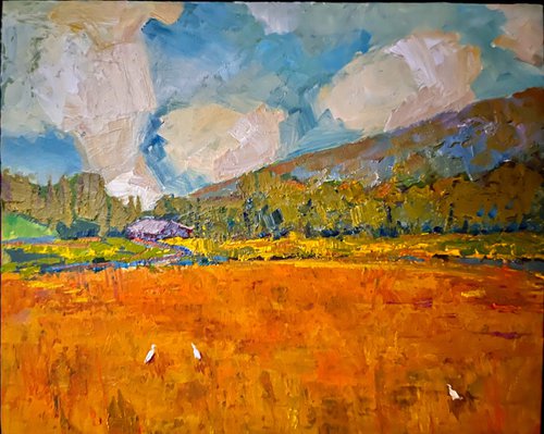 Hovering over the paddy fields landscape oil painting by Padmaja Madhu