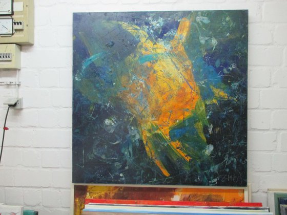 big blue abstract - informel painting xl 39x39 inch