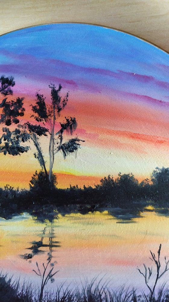 Evening, original landscape river oil painting, Gift idea, art on wooden plate