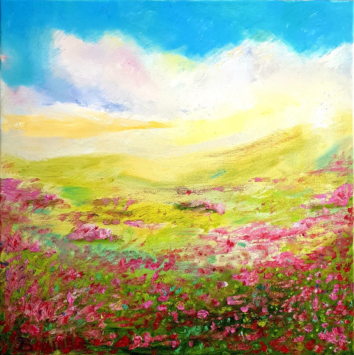 Impressionistic Landscape Oil Painting By Leo Baxiner, 20 X 20", Hill Landscape, Original Artwork