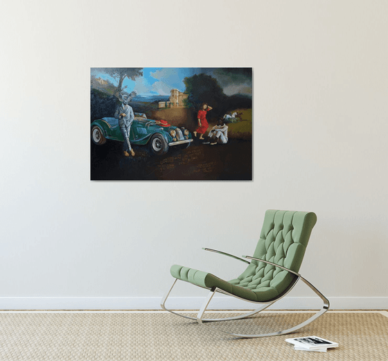 A fascinating modern dream with the green car in a Renaissance landscape