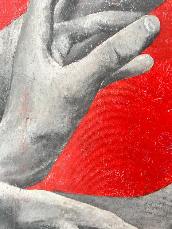 Infinity | Large Painting With Monochrome Hands On A Red Background