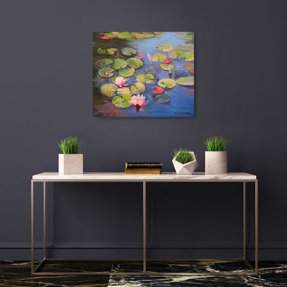 Waterlily pond with lotus flowers landscape