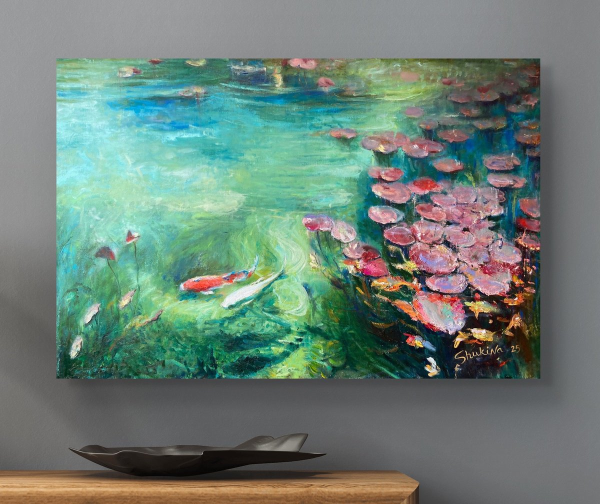 Impressionistic Landscape Oil Painting By Helen Shukina, 47 X 31, Lake With Koi, Original Artwork