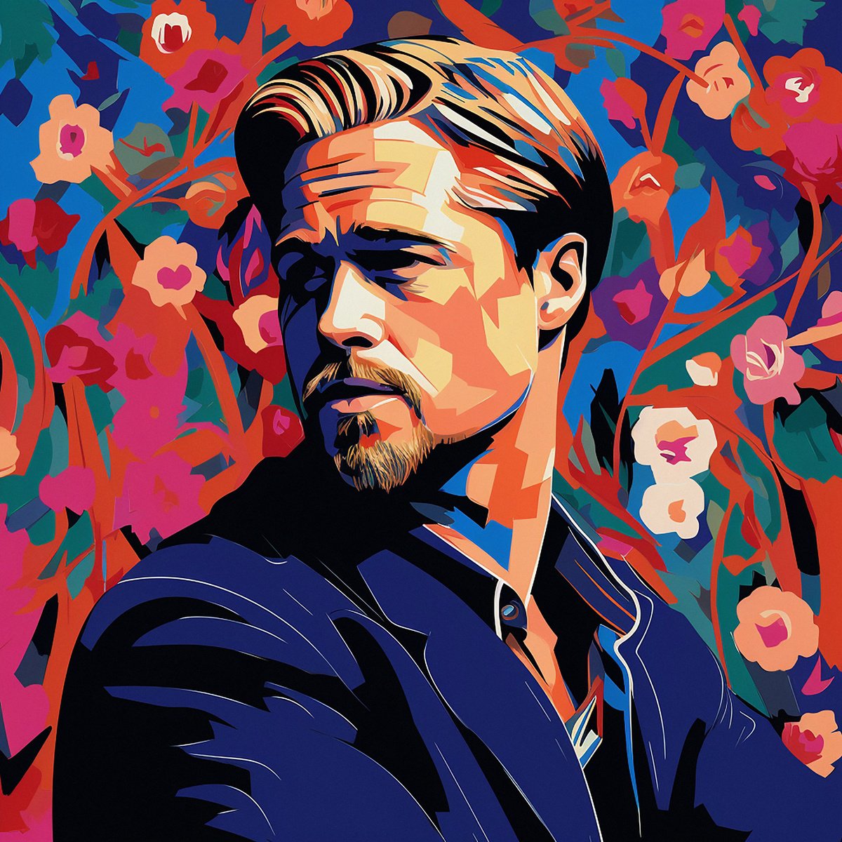 Illustrative Portrait Acrylic Painting By Kosta Morr, 31 X 31", Portrait Of Brad Pitt, Original Artwork