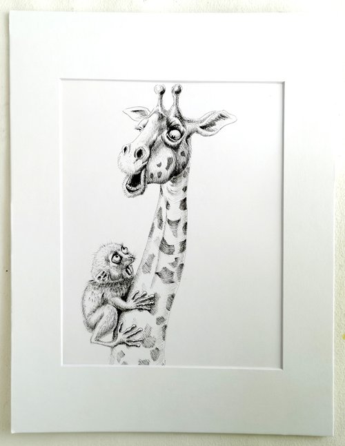 Giraffe and Tarsier - One-of-a-kind Art (with a white mat measuring 11x14 inches) by Olga Shefranov (Tchefranov)