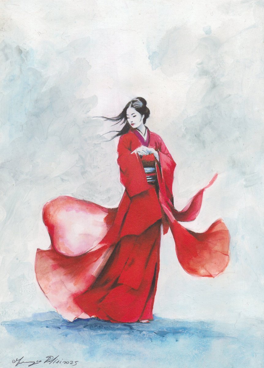 Impressionistic Portrait Drawing By Maurizio Puglisi, 8 X 11", Cherry Blossoms At Dusk, Original Artwork