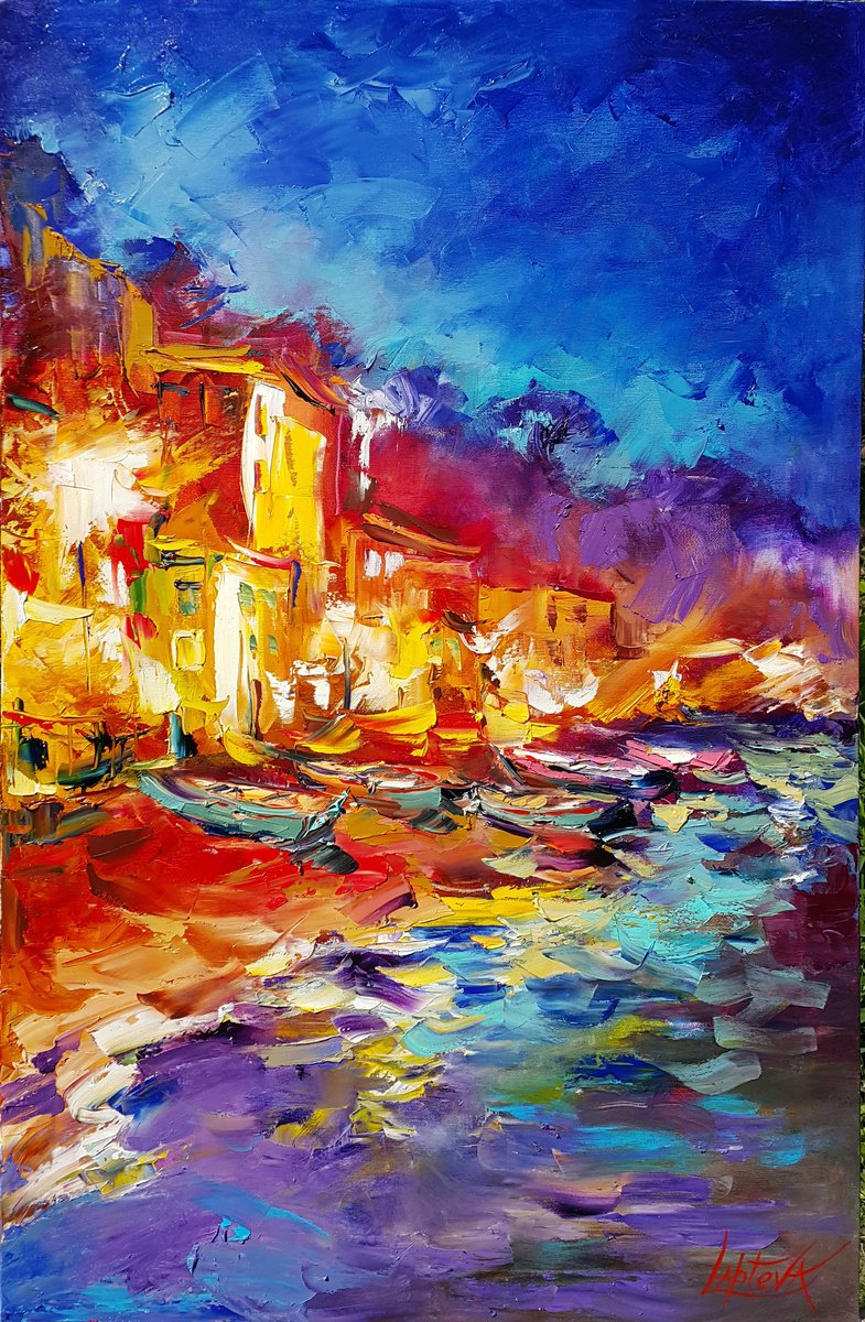 Impressionistic Cityscapes Oil Painting By Viktoria Lapteva, 24 X 38", Evening Promenade Of Sorrento, Original Artwork
