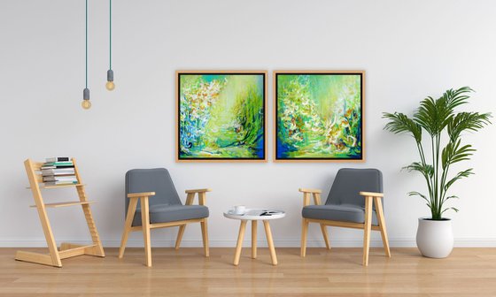 Abstract Forest Pond Painting. Floral Garden. Abstract Tropical Flowers and Birds. Original Blue Green Teal Painting on Canvas Modern Art (2021)