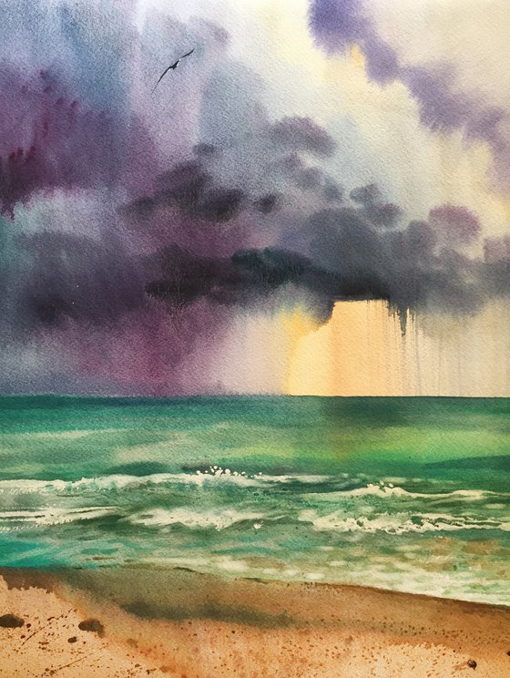 Miami beach. The ocean before the thunderstorm. Seascape art