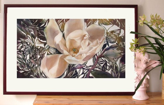 Magnolia with butterflies watercolor with paper cut