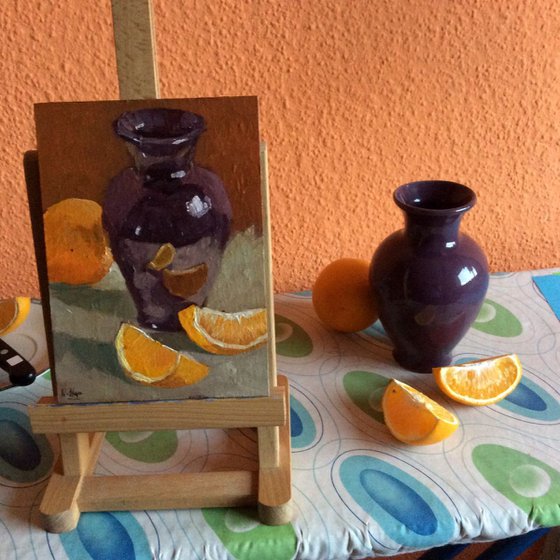 Orange slices and Vase - Original Small Still Life in Oils